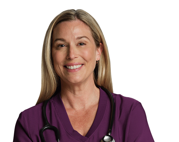 Nurse in a burgundy shirt